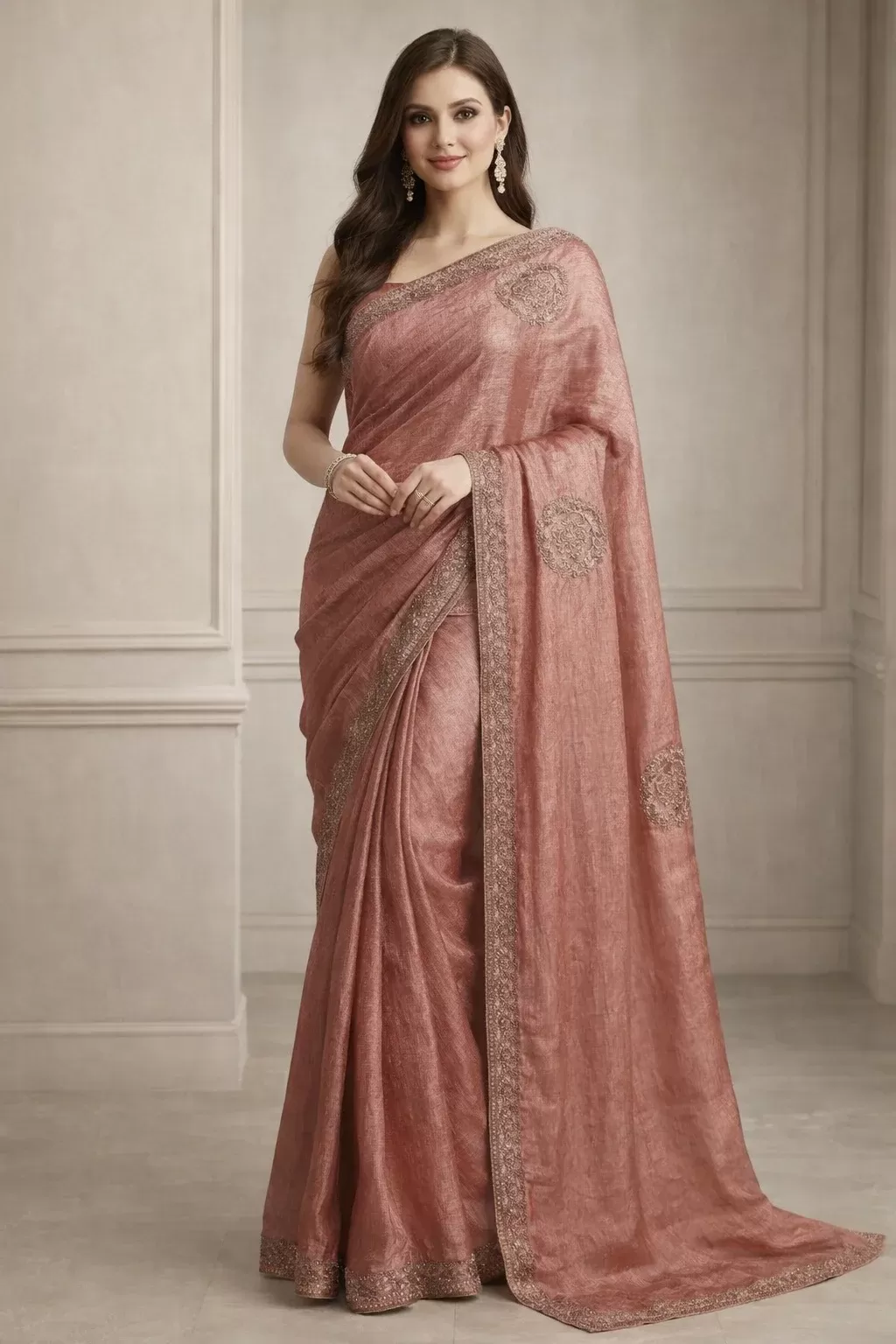 Elegant Dusty Rose Embroidered Designer Saree