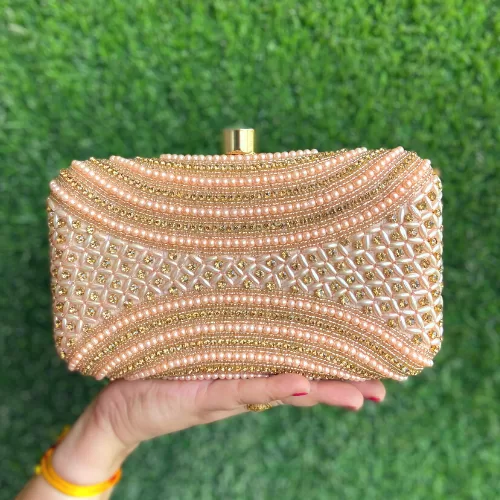 Handmade Rose Gold Colored Beaded Clutch With Removable Chain