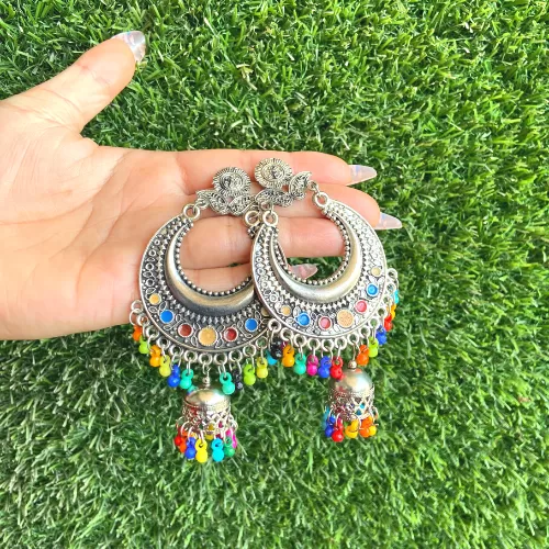 Multicolored Stone Silver Tone Oxidised Jhumka
