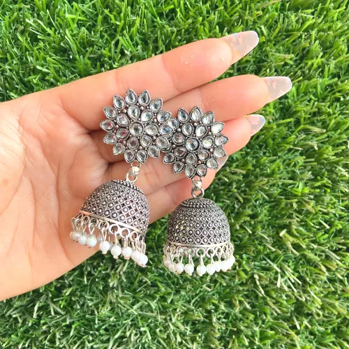 Traditional Mirror Work Silver Tone Jhumka Set