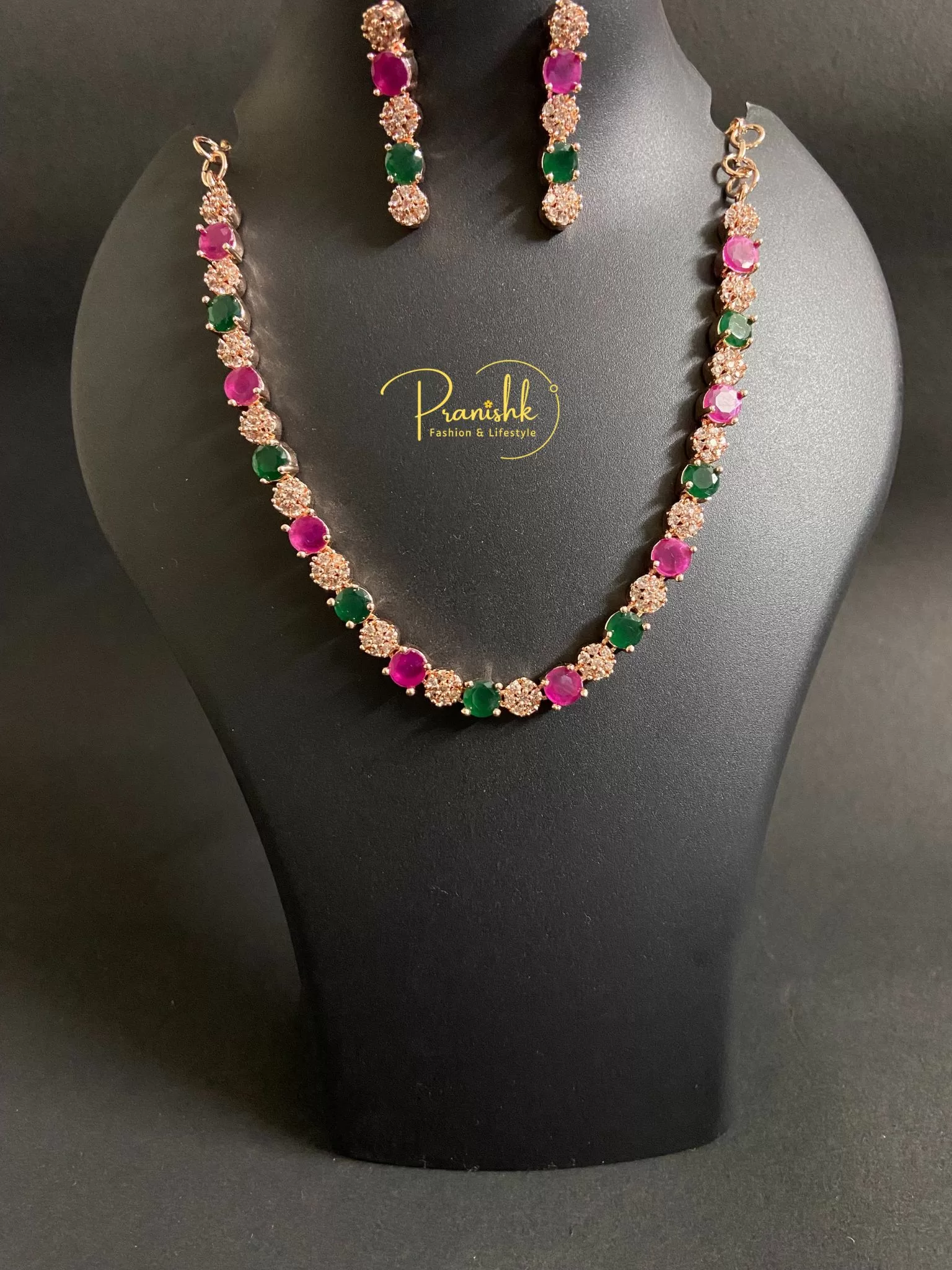Pink And Green Elegant AD Necklace