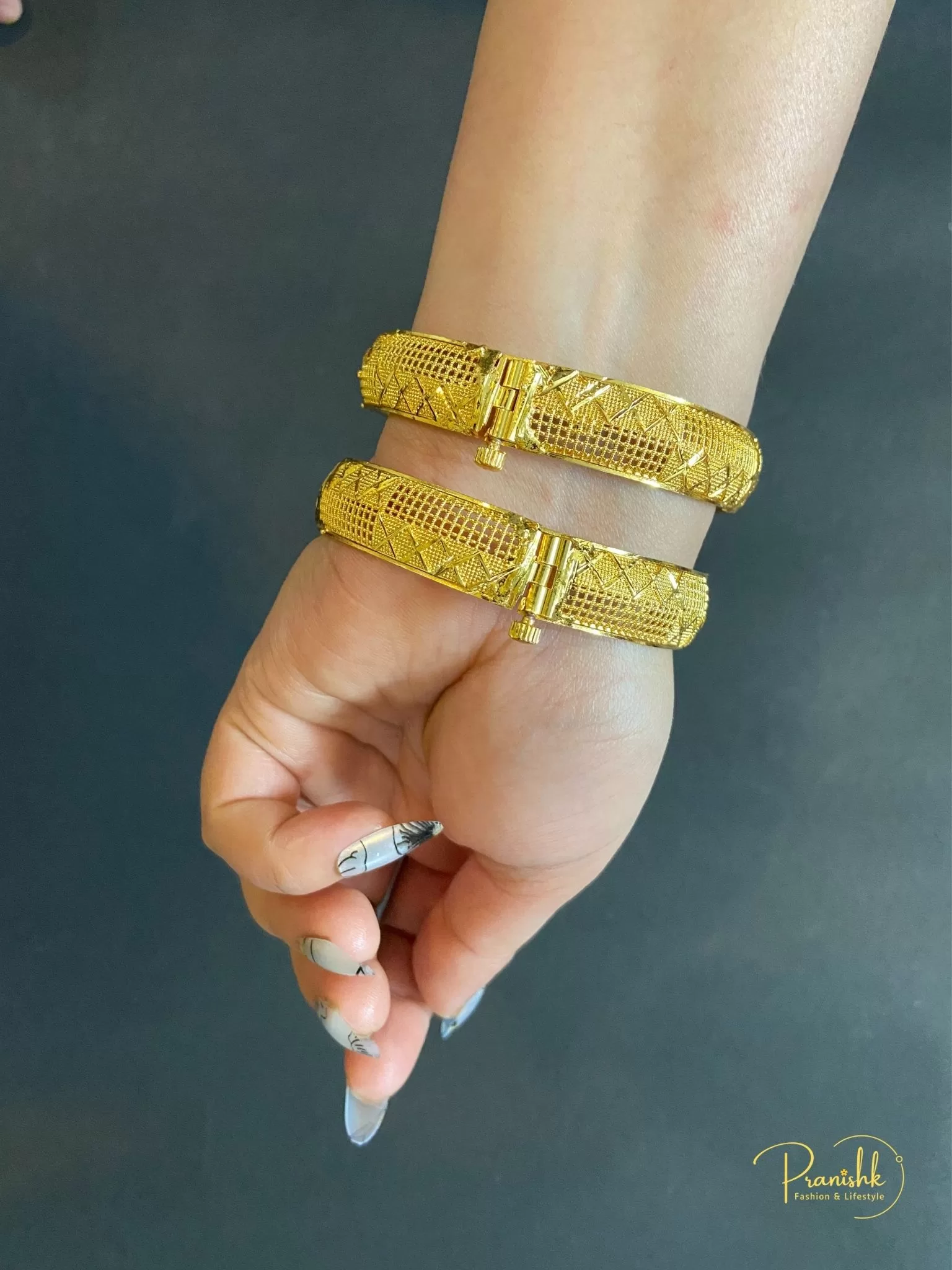 Openable Lock Type Gold Tone Ethnic Indian Traditional Kada-Set of 2, Size 2.8