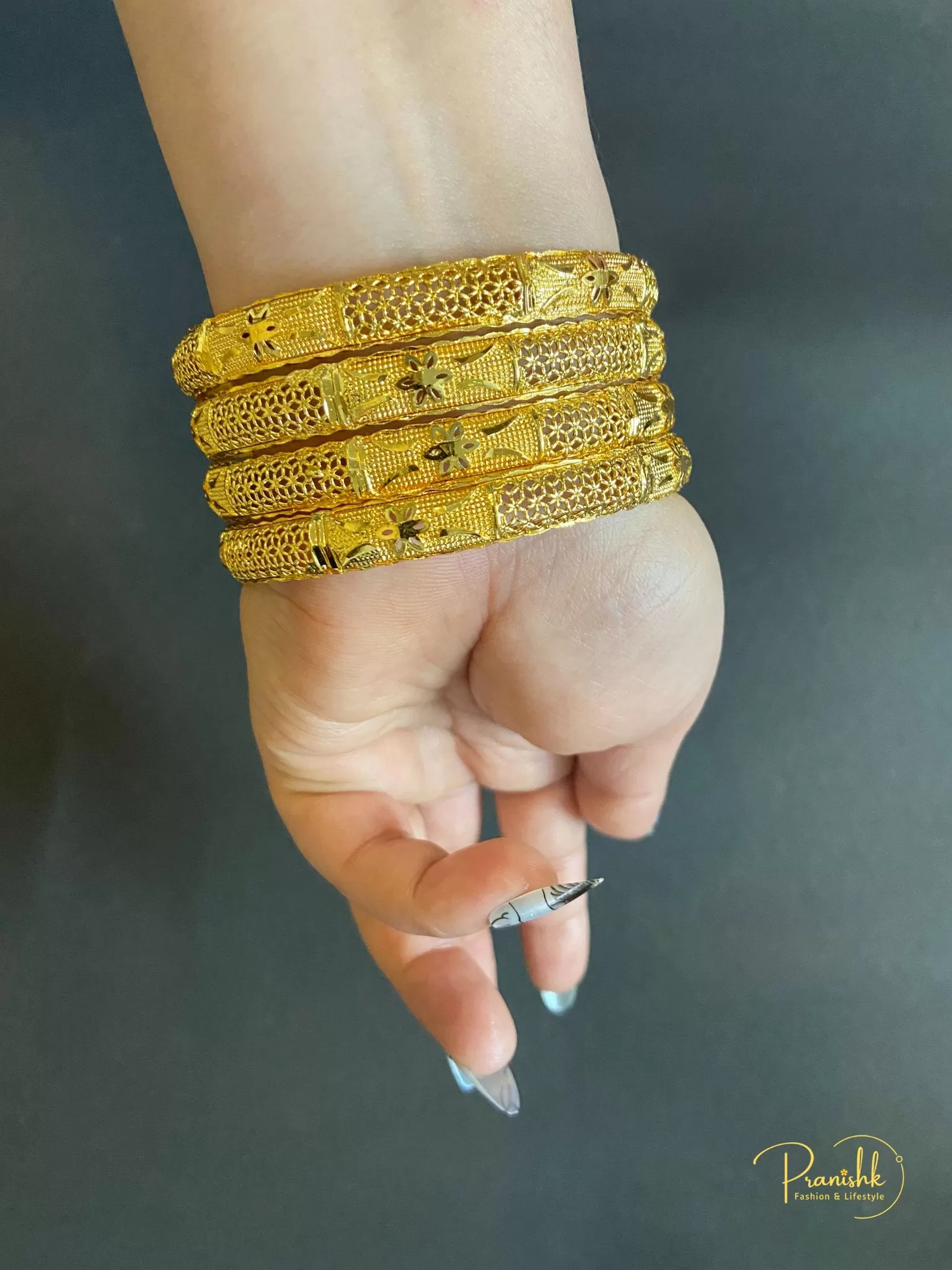 Party Wear Gold Tone Bangles-Set of 4, Size 2.8