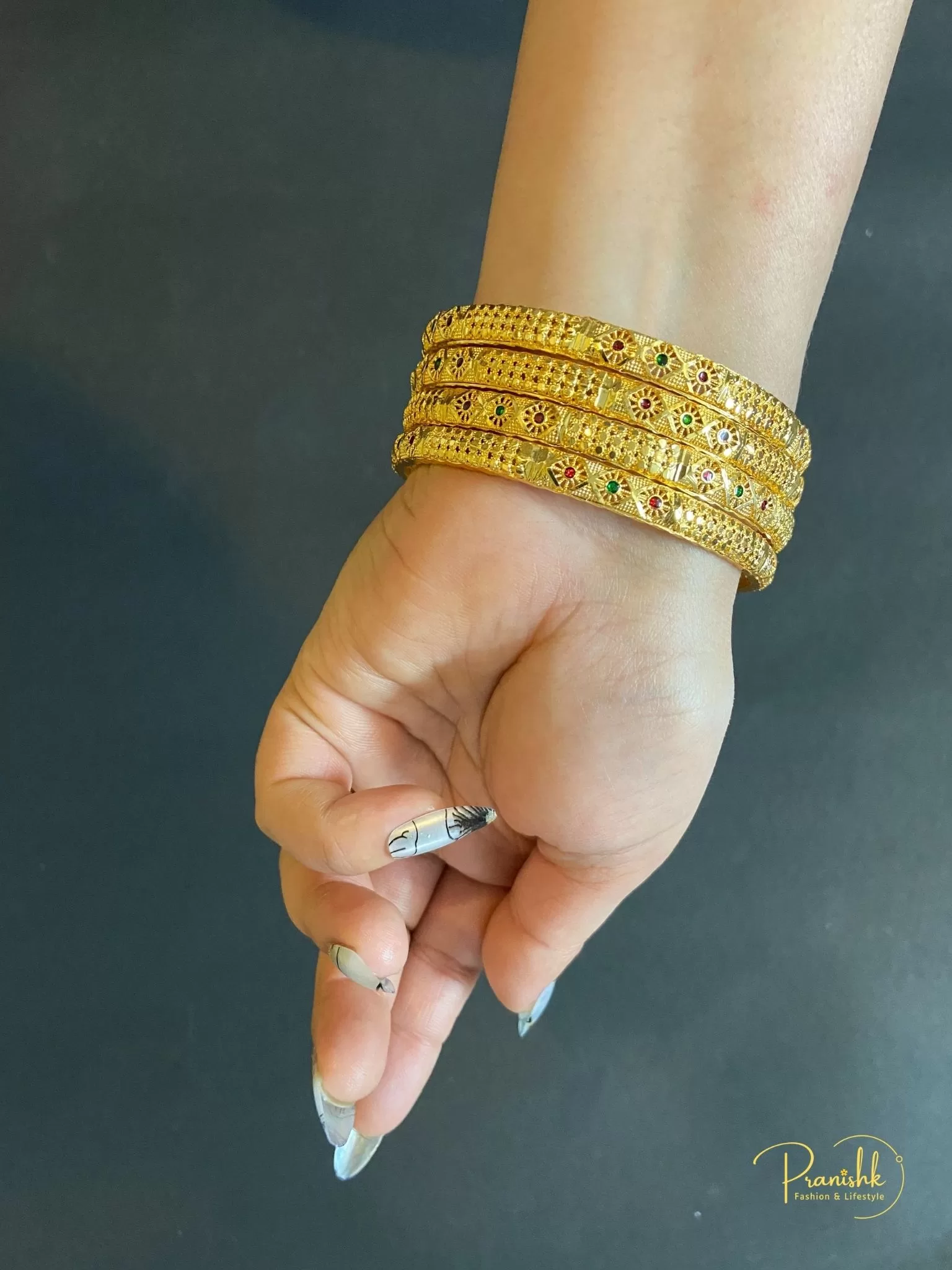 Bridal Wear Hand Work Red And Green Stone Gold Forming Bangles-Set of 4, Size 2.8