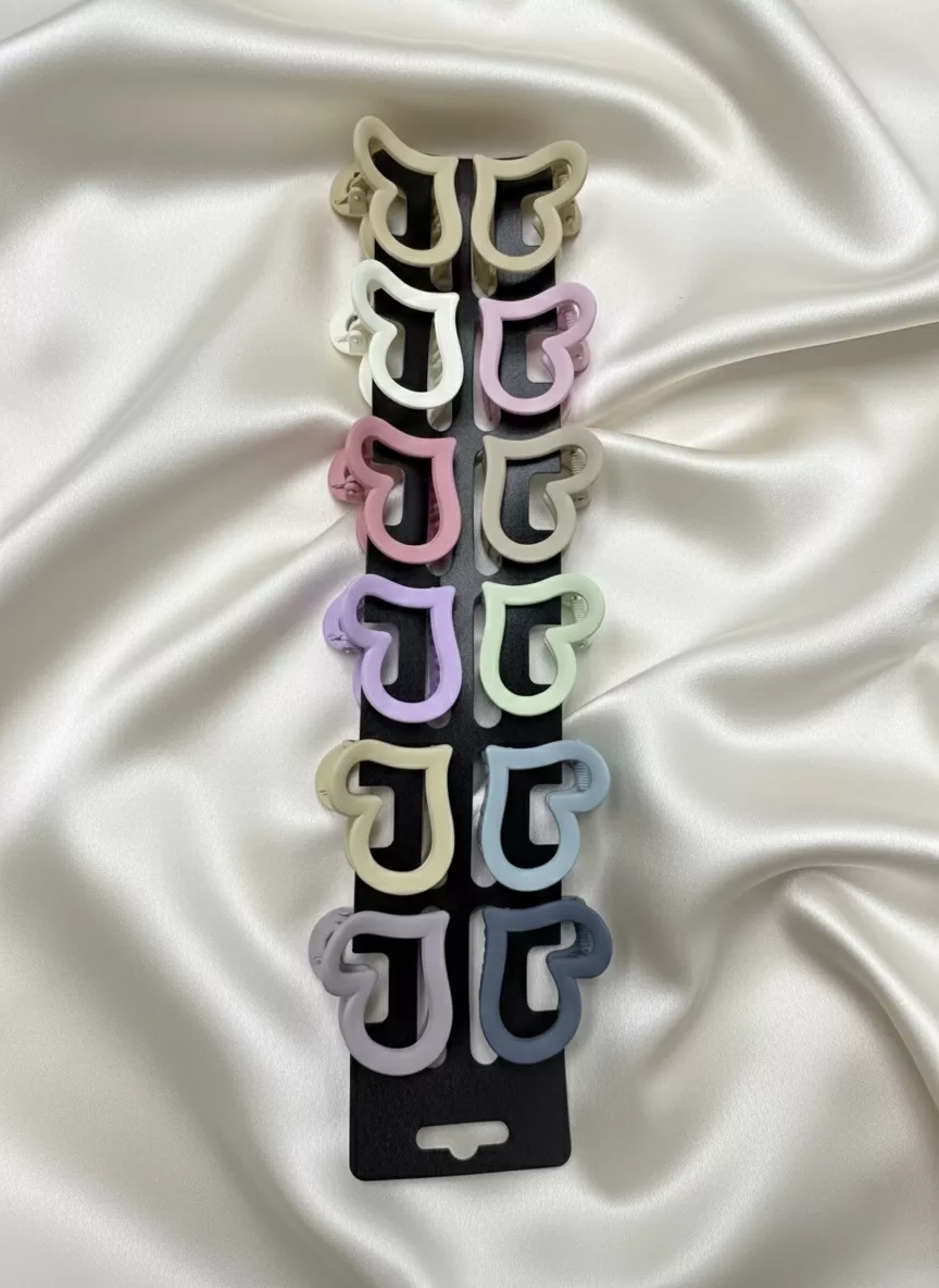 Matte Pastel Heart Hair Claw Clips, Set of 12 (Soft Touch Finish, Cute Girls & Women Accessories)