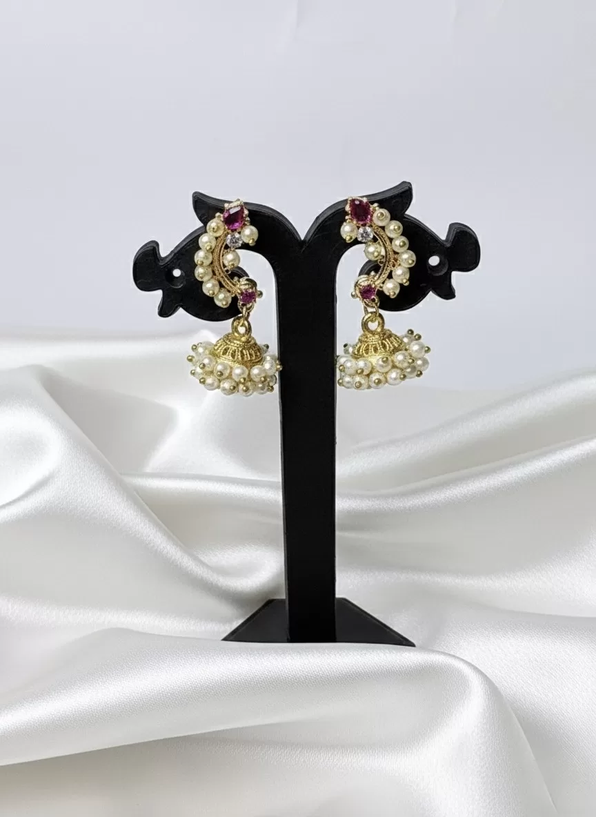 Traditional Pearl & Stone Jhumka Earrings, Gold Tone Imitation Jewellery for Women & Girls