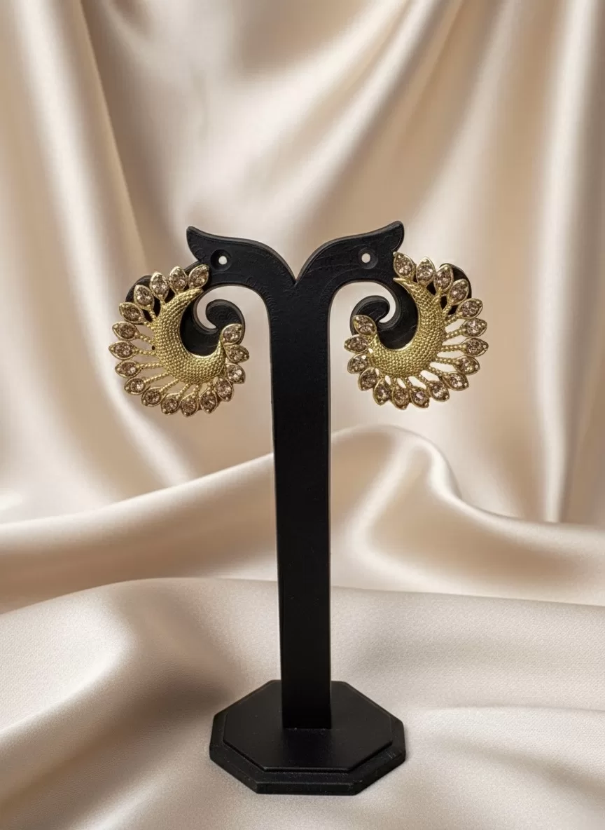 Designer Gold Tone Crescent Stud Earrings, Sparkling Stone Statement Jewellery for Women