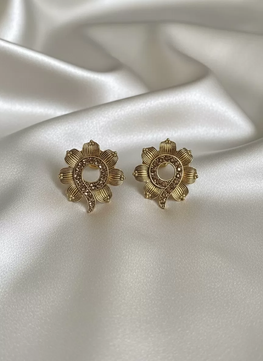 Designer Gold Tone Floral Stud Earrings, Elegant Statement Imitation Jewellery for Women