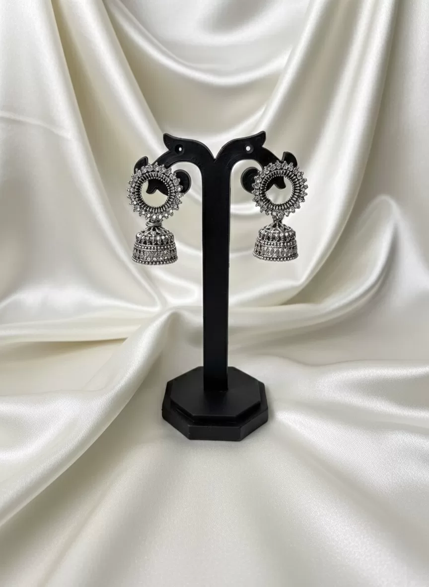 Oxidised Silver Tone Round Jhumka Earrings, Antique Finish Traditional Jewellery for Women & Girls