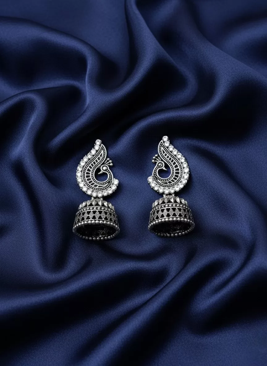 Oxidised Silver Tone Paisley Jhumka Earrings, Antique Traditional Jewellery for Women & Girls