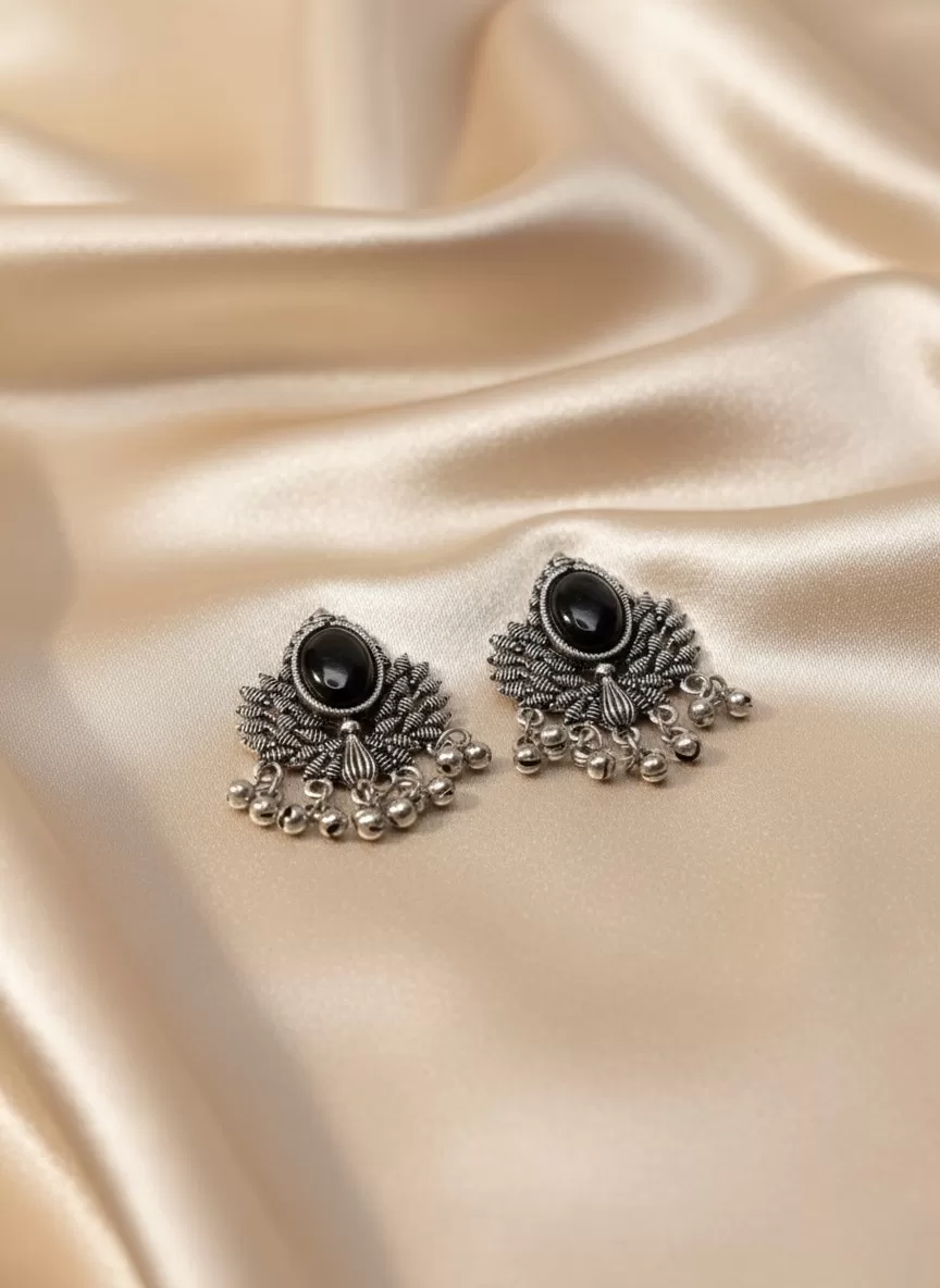 Oxidised Silver Tone Black Stone Stud Earrings, Antique Traditional Jewellery with Ghungroo Drops