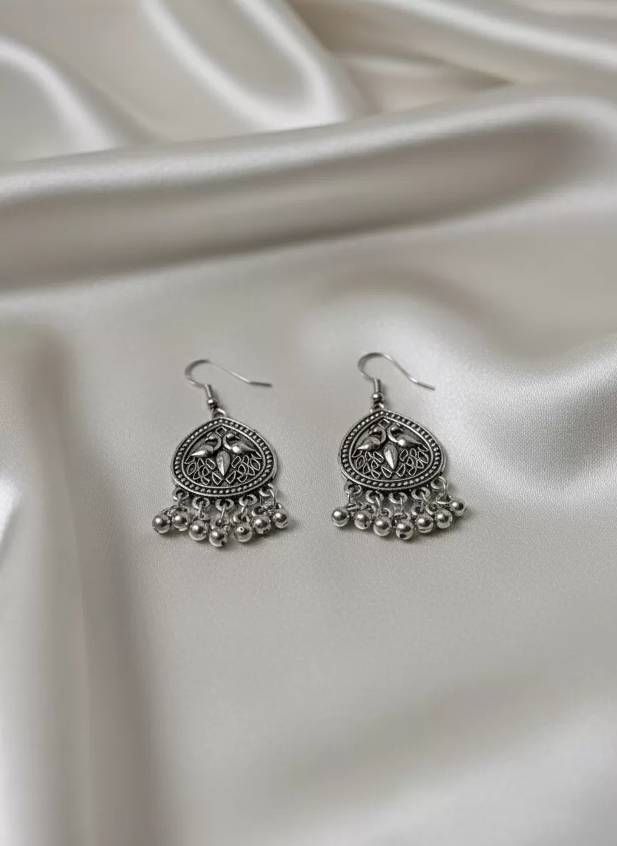 Oxidised Silver Tone Teardrop Dangling Earrings, Antique Boho Jewellery with Ghungroo Beads