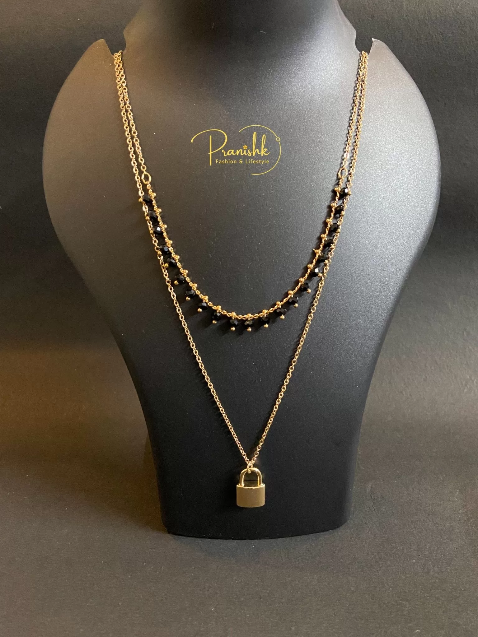 Gold Tiny Lock With Black Beads Pendant
