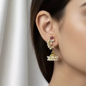 Traditional Pearl & Stone Jhumka Earrings – Gold Plated Imitation Jewellery for Women & Girls