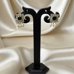 Emerald Green Stone Stud Earrings with Pearls – Premium Gold-Plated Imitation Jewellery for Women