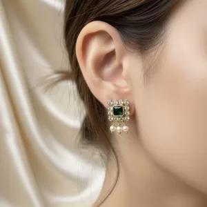 Emerald Green Stone Stud Earrings with Pearls – Premium Gold-Plated Imitation Jewellery for Women
