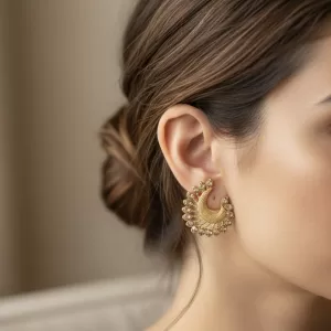 Designer Gold-Plated Crescent Stud Earrings – Sparkling Stone Statement Jewellery for Women