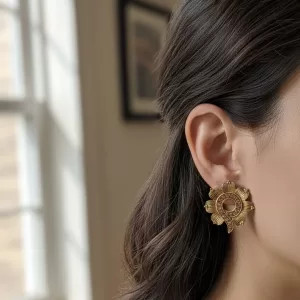 Designer Gold-Plated Floral Stud Earrings – Elegant Statement Imitation Jewellery for Women