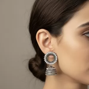 Oxidised Silver Round Jhumka Earrings – Antique Finish Traditional Jewellery for Women & Girls