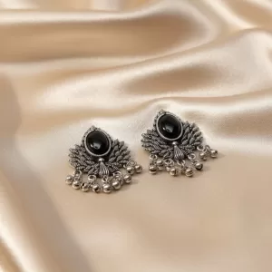 Oxidised Silver Black Stone Stud Earrings – Antique Traditional Jewellery with Ghungroo Drops