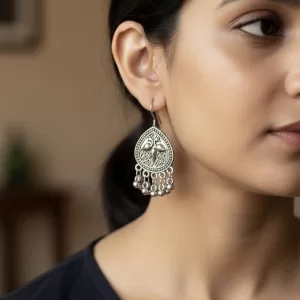 Oxidised Silver Black Stone Stud Earrings – Antique Traditional Jewellery with Ghungroo Drops