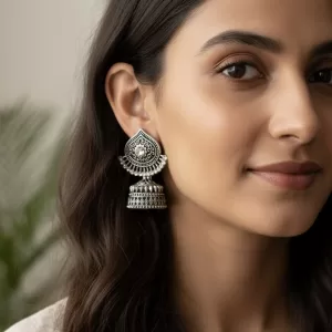 Oxidised Silver Teardrop Dangling Earrings – Antique Boho Jewellery with Ghungroo Beads