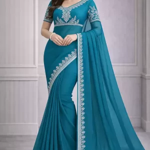 Teal Embroidered Georgette Saree
